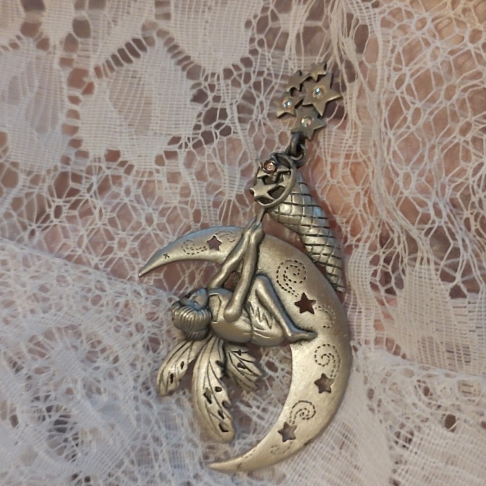 JJ Silver Tone Fairy Moon Brooch